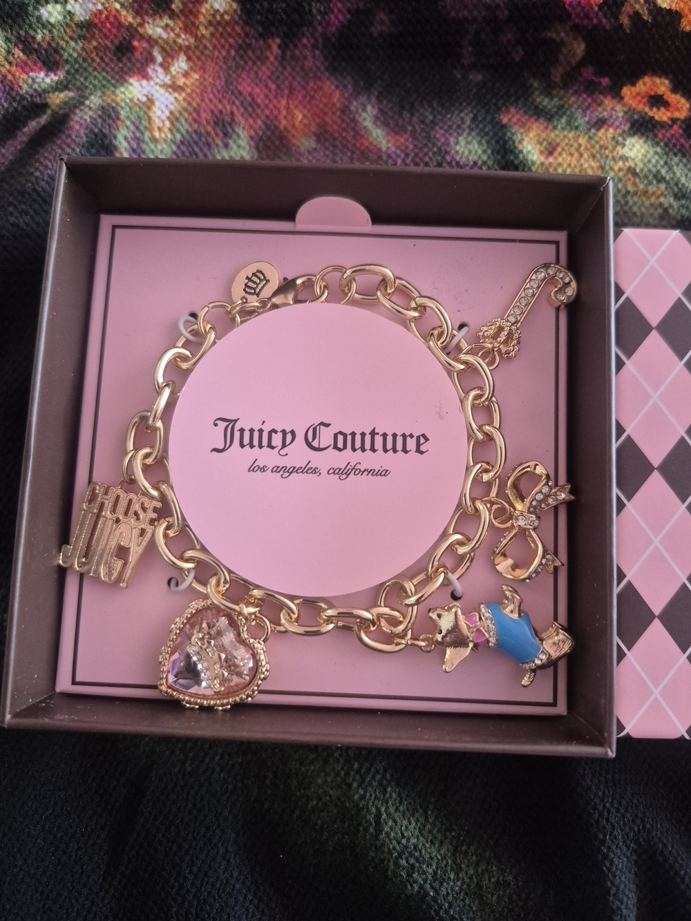 Juicy Couture Gold Tone Charm Bracelet with Scottie Dog, Heart & Bow